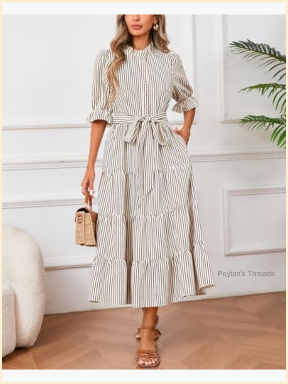 Striped Ruffle Collar Maxi Dress Half Sleeve Button Down Flowy Beach Vacation - Picture 4 of 7